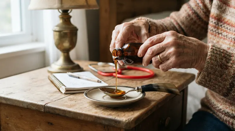 A woman's hand pouring thick golden herbal syrup from an amber bottle into an antique horn-handled teaspoon at a bedside table in lamplight