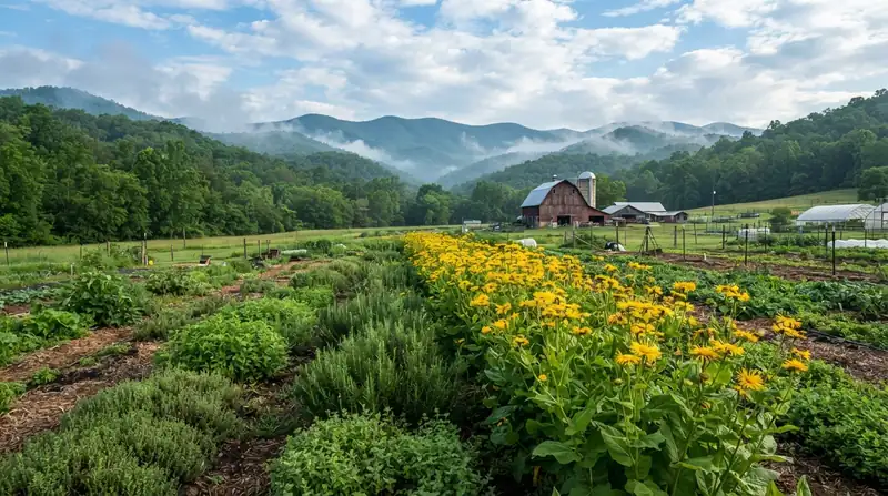Rows of herb plants on a green farm in the North Carolina mountains with a wooden barn in the distance