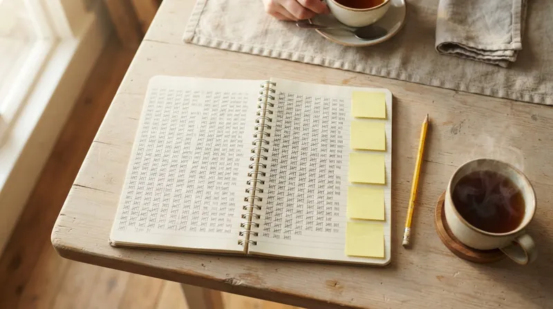 A small spiral notebook open on a kitchen table with handwritten columns of tally marks, several yellow sticky notes and a pencil beside a cup of tea