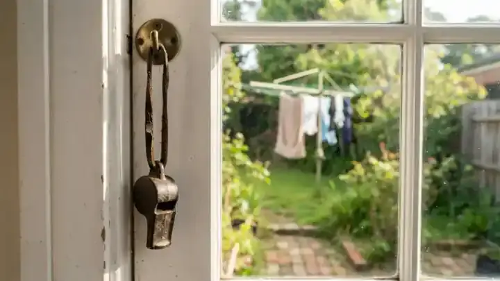 An old cast-iron whistle on a leather cord hanging on a hook beside a back door in morning light, slow zoom