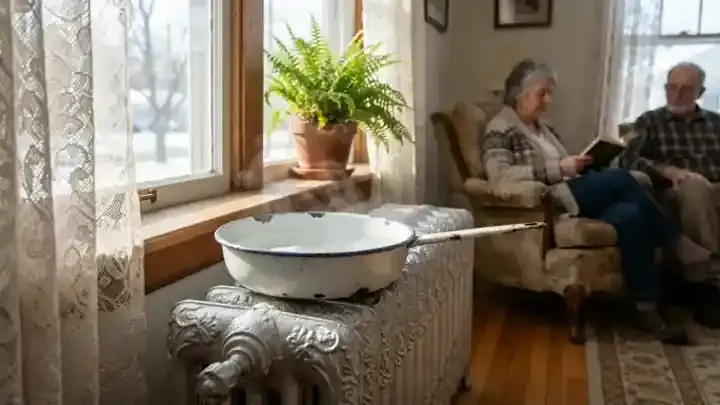 An old white enamel pan of water on a cast-iron radiator beneath a sunny window, faint steam rising, slow zoom