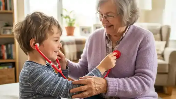 A child's small hand holding a red toy stethoscope bell against a grandmother's lavender cardigan, slow zoom